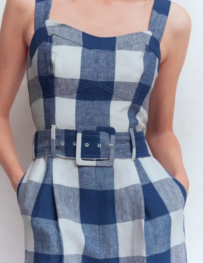 Panelled Bodice Linen Jumpsuit Denim Blue Gingham Panelled Bodice Linen Jumpsuit Denim Blue Gingham
