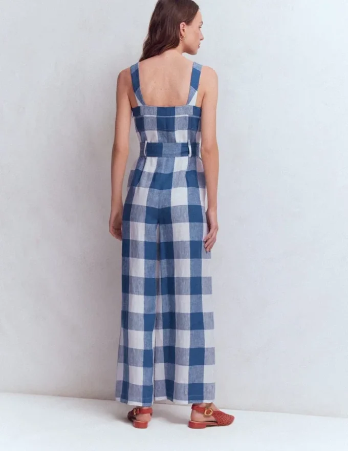 Panelled Bodice Linen Jumpsuit Denim Blue Gingham Panelled Bodice Linen Jumpsuit Denim Blue Gingham
