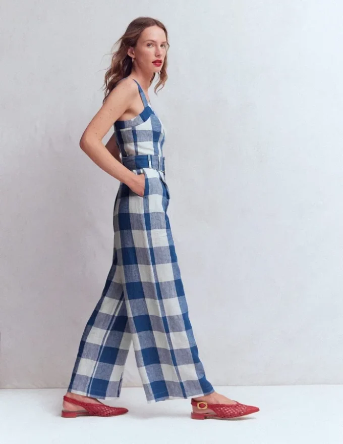 Panelled Bodice Linen Jumpsuit Denim Blue Gingham Panelled Bodice Linen Jumpsuit Denim Blue Gingham
