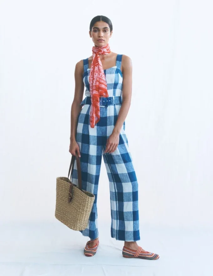 Panelled Bodice Linen Jumpsuit Denim Blue Gingham Panelled Bodice Linen Jumpsuit Denim Blue Gingham