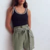 Paperbag Linen Belted Shorts Green Grey Embroidery Paperbag Linen Belted Shorts Green Grey Embroidery