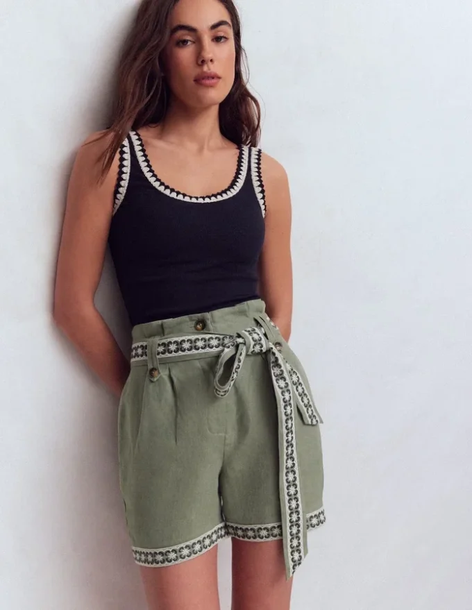 Paperbag Linen Belted Shorts Green Grey Embroidery Paperbag Linen Belted Shorts Green Grey Embroidery