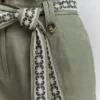 Paperbag Linen Belted Shorts Green Grey Embroidery Paperbag Linen Belted Shorts Green Grey Embroidery