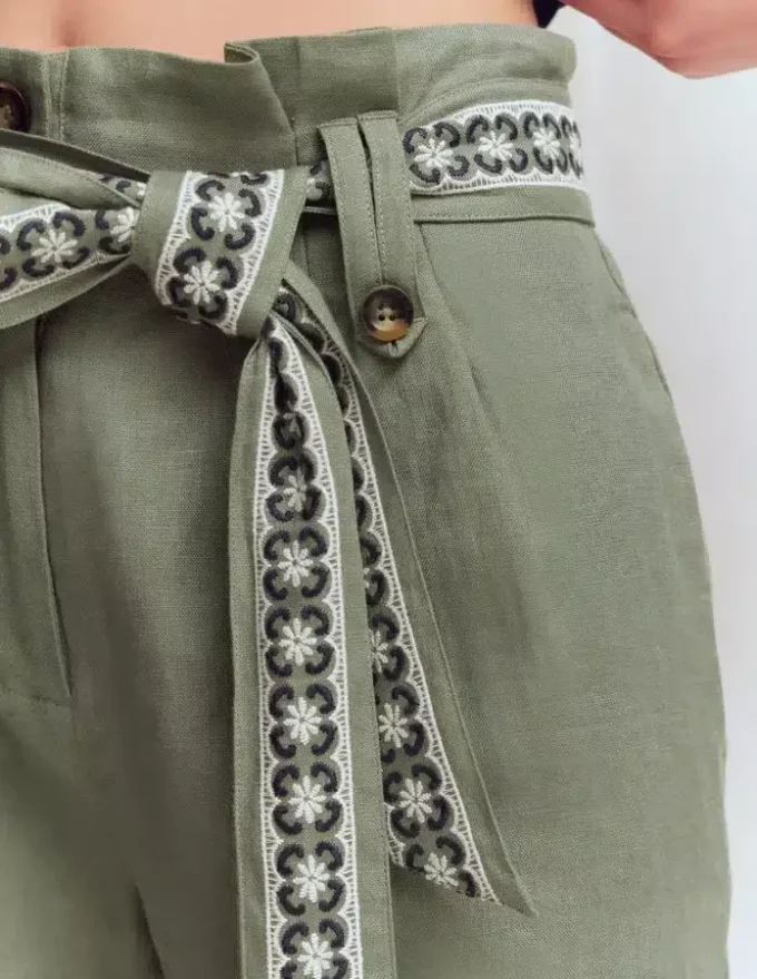 Paperbag Linen Belted Shorts Green Grey Embroidery Paperbag Linen Belted Shorts Green Grey Embroidery