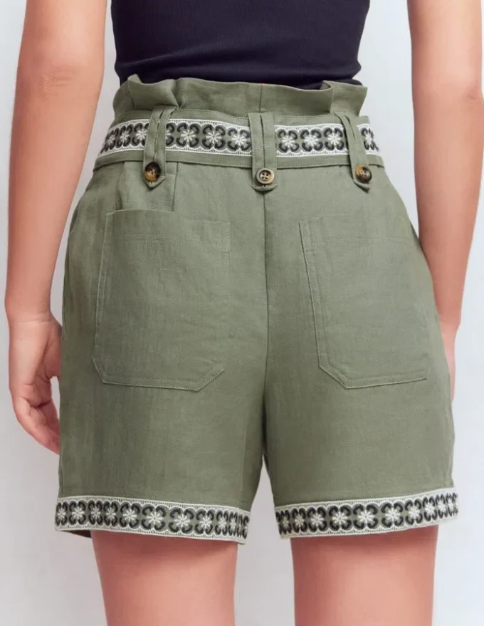 Paperbag Linen Belted Shorts Green Grey Embroidery Paperbag Linen Belted Shorts Green Grey Embroidery
