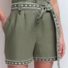 Paperbag Linen Belted Shorts Green Grey Embroidery Paperbag Linen Belted Shorts Green Grey Embroidery