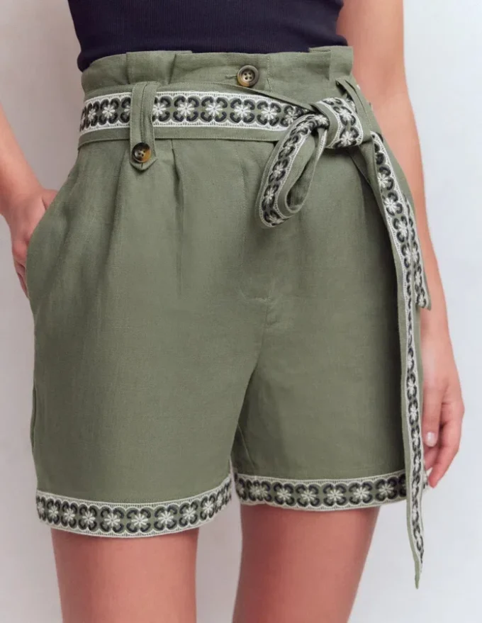 Paperbag Linen Belted Shorts Green Grey Embroidery Paperbag Linen Belted Shorts Green Grey Embroidery