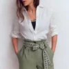 Paperbag Linen Belted Shorts Green Grey Embroidery Paperbag Linen Belted Shorts Green Grey Embroidery
