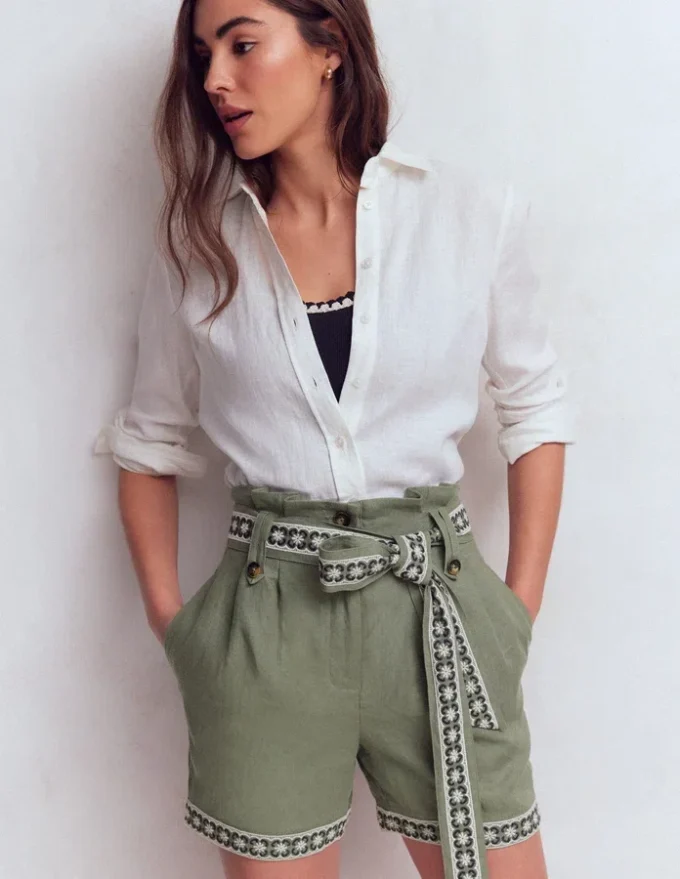 Paperbag Linen Belted Shorts Green Grey Embroidery Paperbag Linen Belted Shorts Green Grey Embroidery