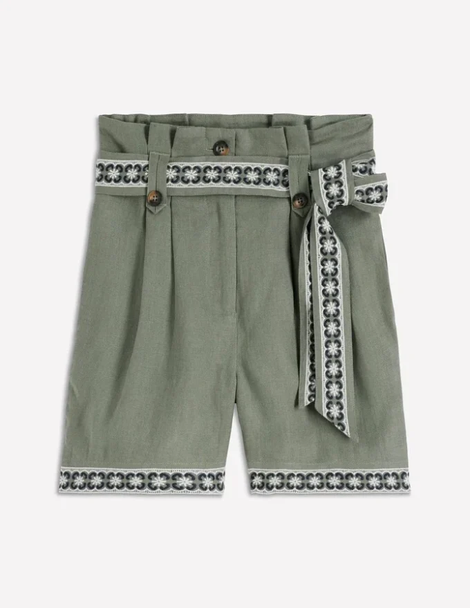 Paperbag Linen Belted Shorts Green Grey Embroidery Paperbag Linen Belted Shorts Green Grey Embroidery