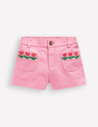 Patch Pocket Shorts Pink Embroidered Denim
