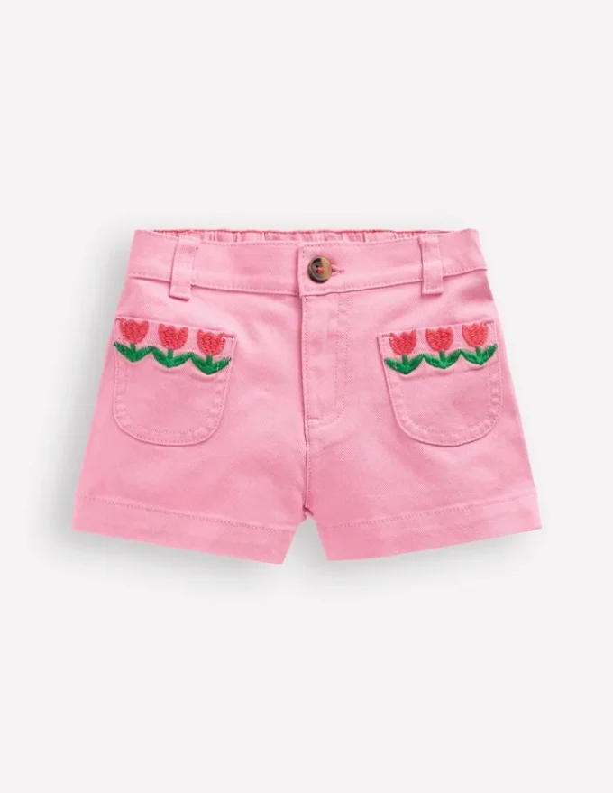 Patch Pocket Shorts Pink Embroidered Denim Patch Pocket Shorts Pink Embroidered Denim