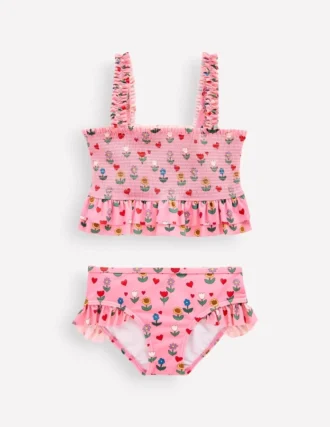 Peplum Smocked Bikini Almond Pink Sunflower Garden