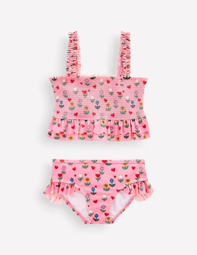 Peplum Smocked Bikini Almond Pink Sunflower Garden