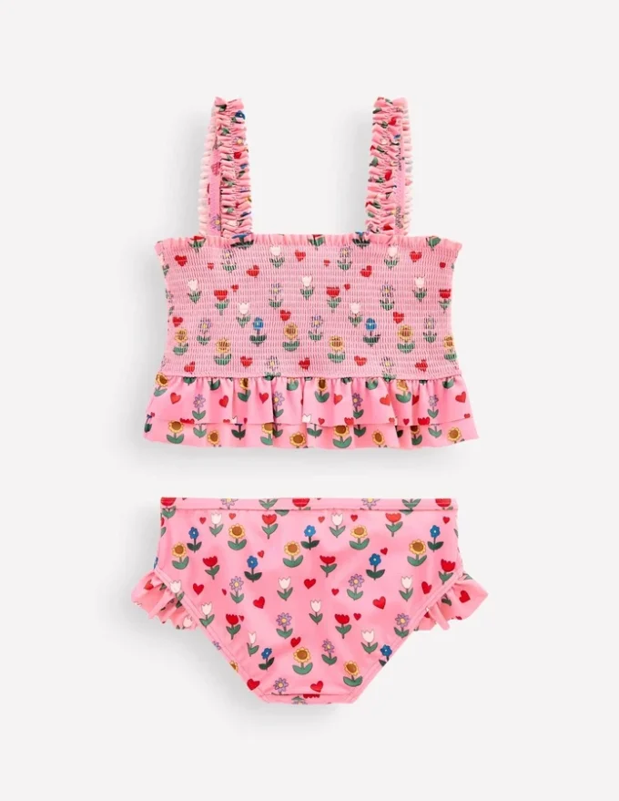 Peplum Smocked Bikini Almond Pink Sunflower Garden