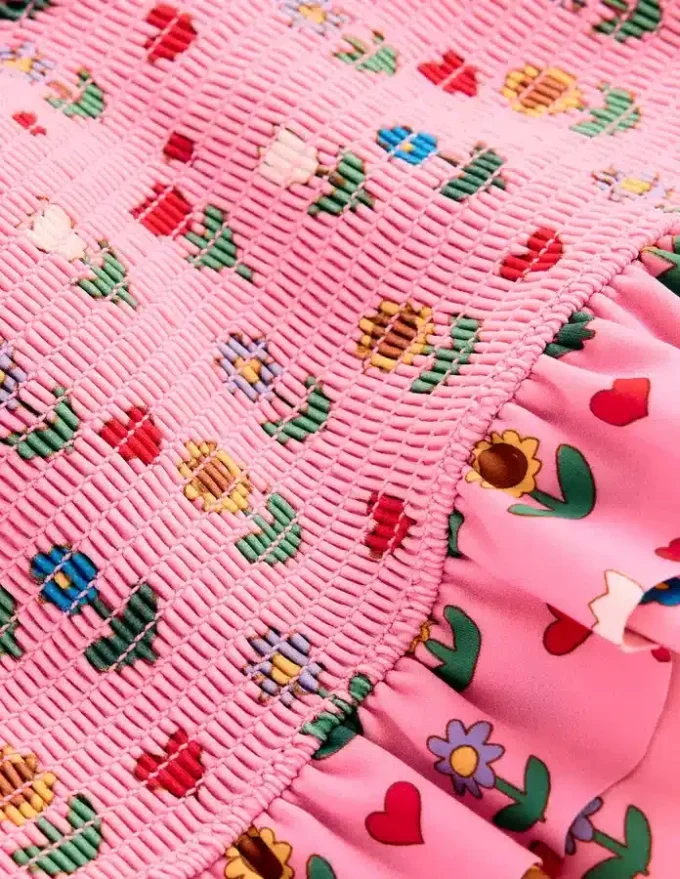 Peplum Smocked Bikini Almond Pink Sunflower Garden