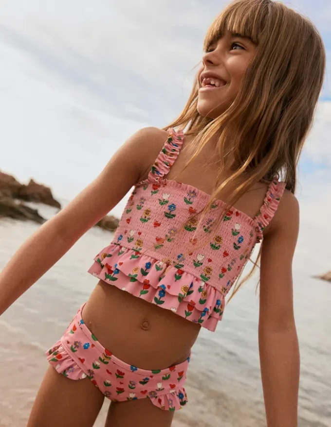 Peplum Smocked Bikini Almond Pink Sunflower Garden