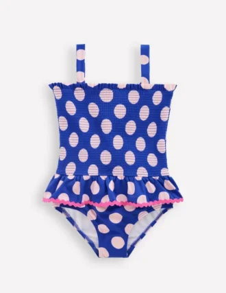 Peplum Smocked Swimsuit Bright Blue Polka Dot