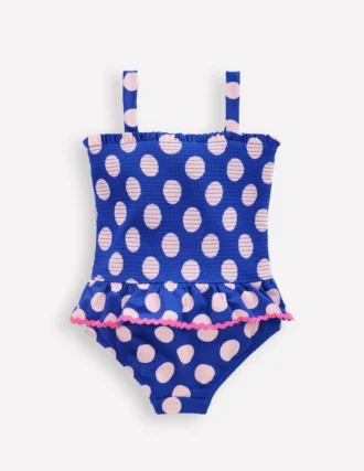 Peplum Smocked Swimsuit Bright Blue Polka Dot