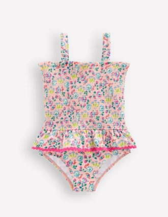 Peplum Smocked Swimsuit Chalk Pink Butterfly Floral