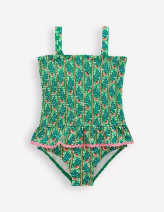 Peplum Smocked Swimsuit Green Vine Floral