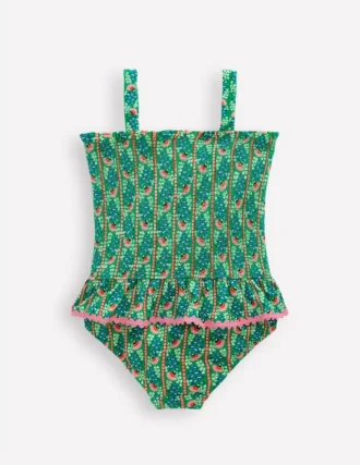Peplum Smocked Swimsuit Green Vine Floral