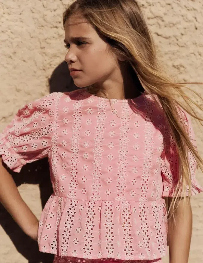 Peplum Woven Top Almond Pink Broderie Peplum Woven Top Almond Pink Broderie