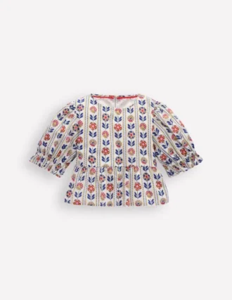 Peplum Woven Top Ivory Floral Stripe