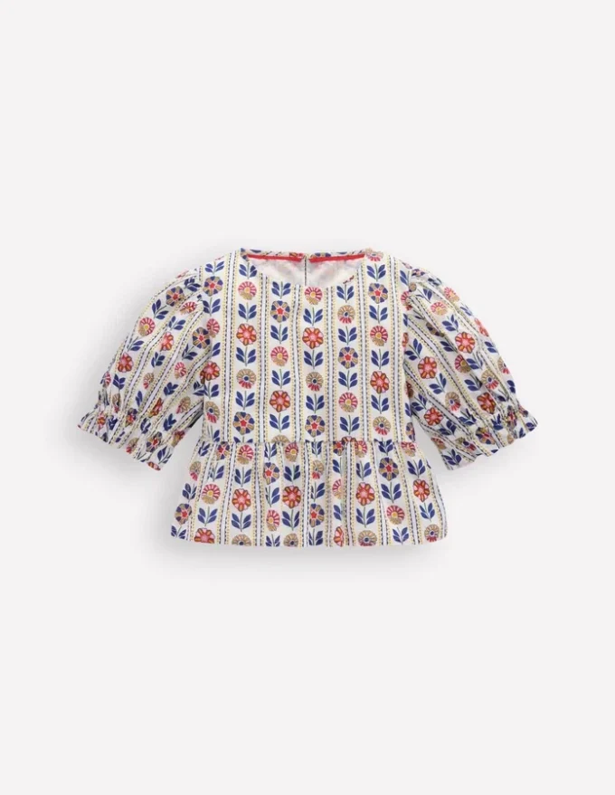 Peplum Woven Top Ivory Floral Stripe