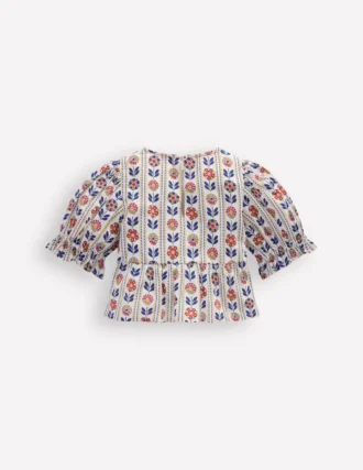 Peplum Woven Top Ivory Floral Stripe