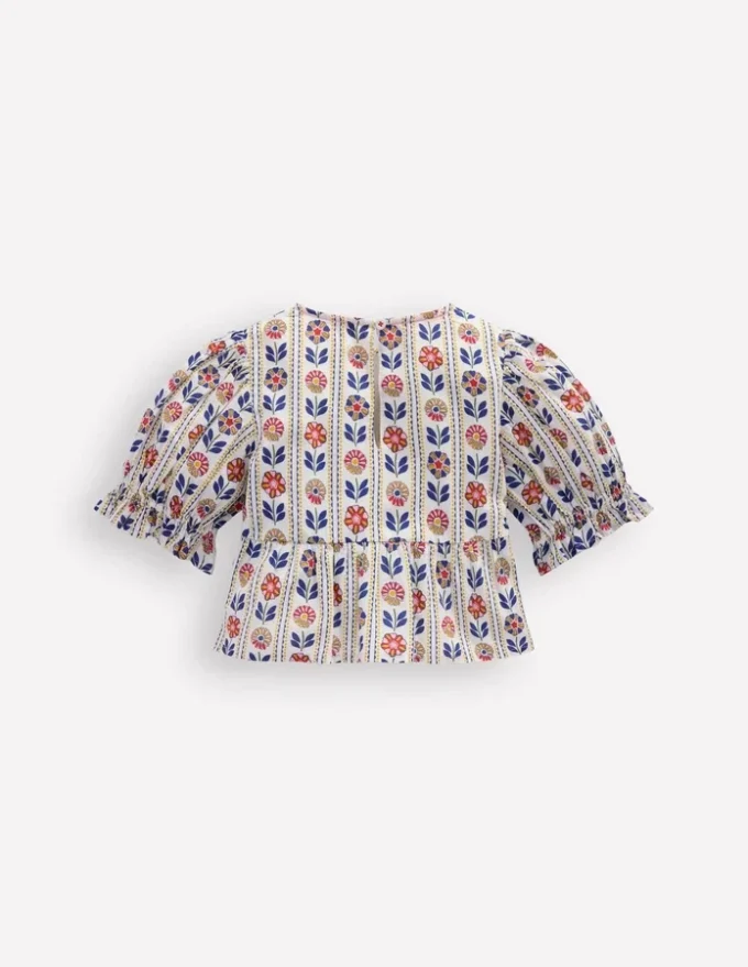 Peplum Woven Top Ivory Floral Stripe