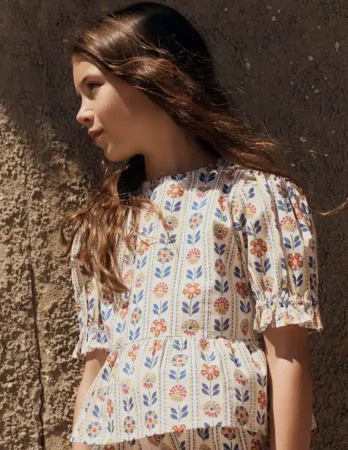 Peplum Woven Top Ivory Floral Stripe