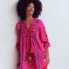 Pia Linen Blend Yoke Dress Pink Embroidery Pia Linen Blend Yoke Dress Pink Embroidery