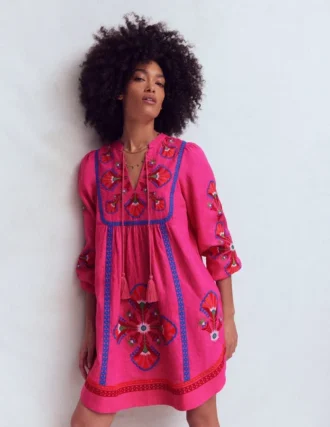Pia Linen Blend Yoke Dress Pink Embroidery
