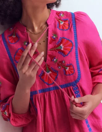 Pia Linen Blend Yoke Dress Pink Embroidery