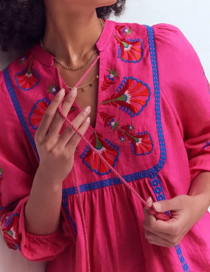 Pia Linen Blend Yoke Dress Pink Embroidery Pia Linen Blend Yoke Dress Pink Embroidery