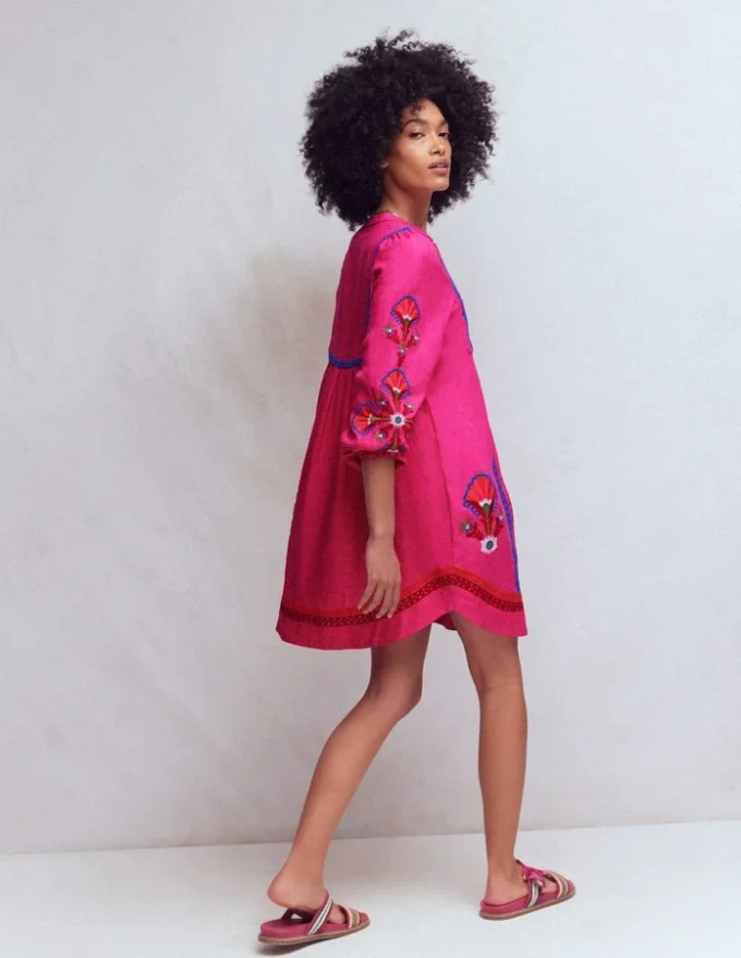 Pia Linen Blend Yoke Dress Pink Embroidery Pia Linen Blend Yoke Dress Pink Embroidery