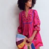 Pia Linen Blend Yoke Dress Pink Embroidery Pia Linen Blend Yoke Dress Pink Embroidery