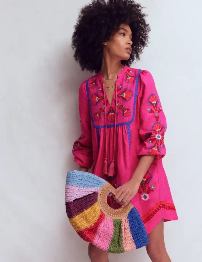 Pia Linen Blend Yoke Dress Pink Embroidery Pia Linen Blend Yoke Dress Pink Embroidery