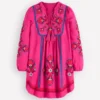 Pia Linen Blend Yoke Dress Pink Embroidery Pia Linen Blend Yoke Dress Pink Embroidery