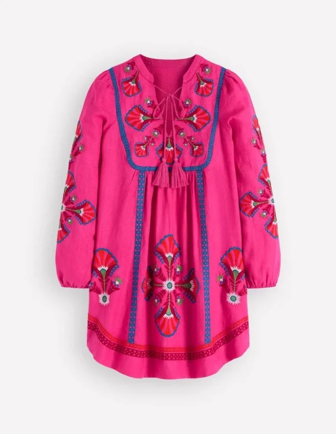 Pia Linen Blend Yoke Dress Pink Embroidery Pia Linen Blend Yoke Dress Pink Embroidery