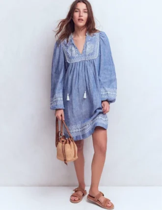 Pia Linen Yoke Tassel Dress Chambray Embroidery