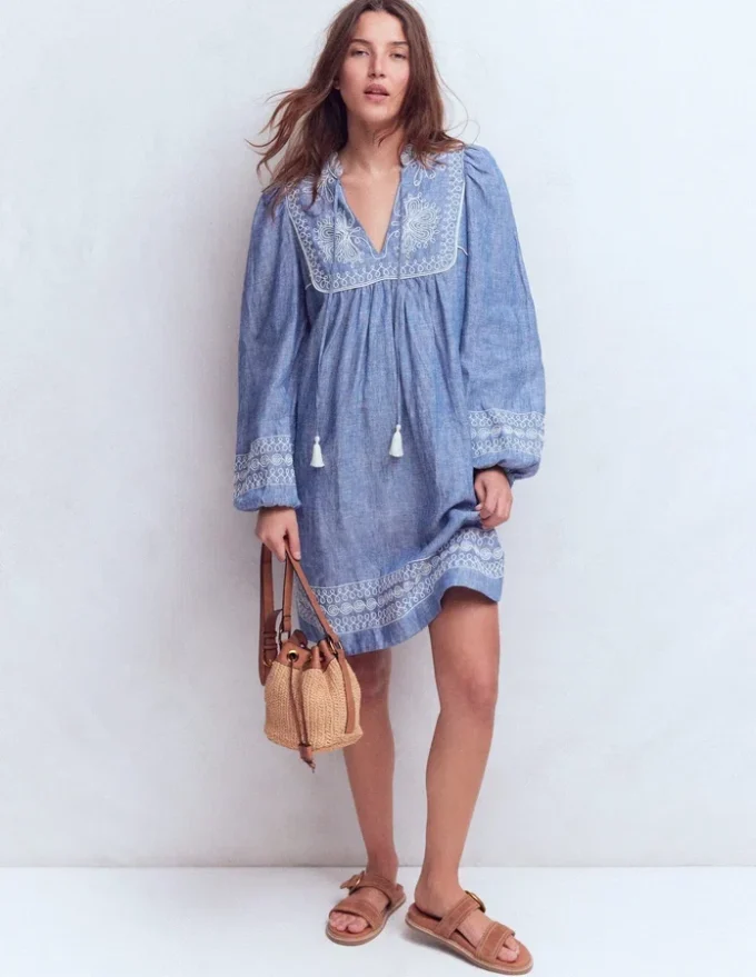 Pia Linen Yoke Tassel Dress Chambray Embroidery Pia Linen Yoke Tassel Dress Chambray Embroidery