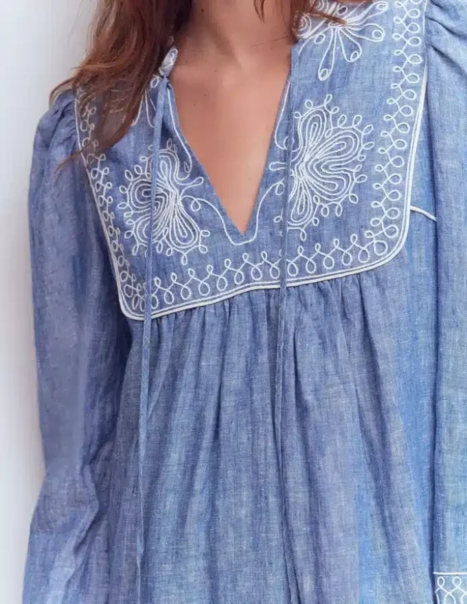 Pia Linen Yoke Tassel Dress Chambray Embroidery Pia Linen Yoke Tassel Dress Chambray Embroidery