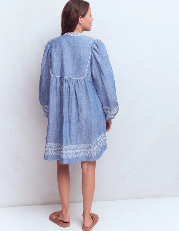 Pia Linen Yoke Tassel Dress Chambray Embroidery Pia Linen Yoke Tassel Dress Chambray Embroidery