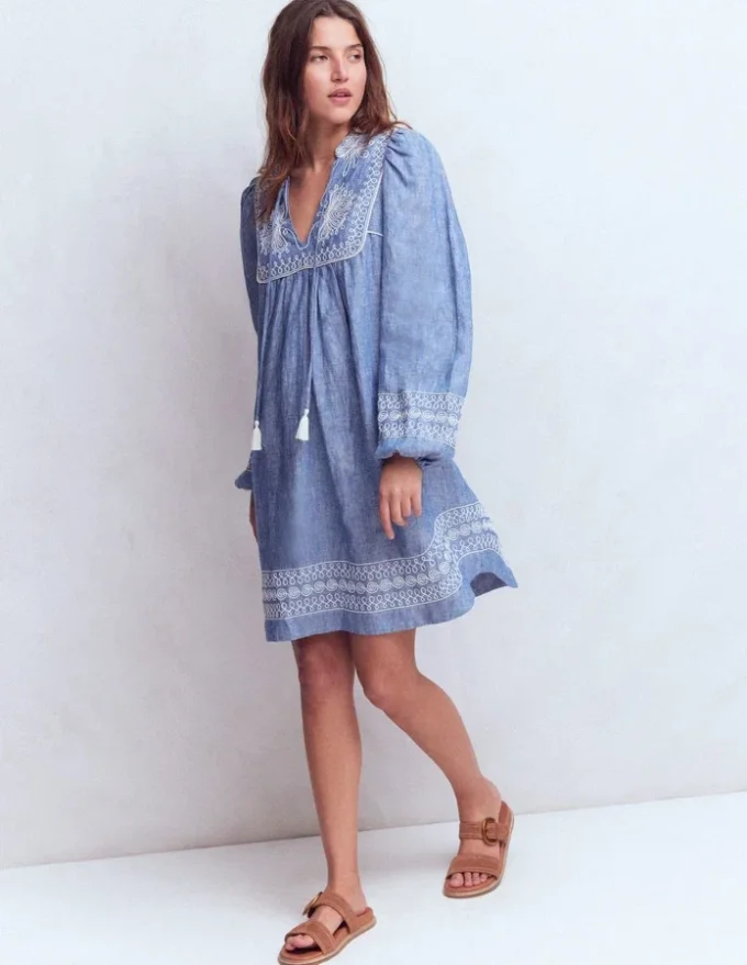 Pia Linen Yoke Tassel Dress Chambray Embroidery Pia Linen Yoke Tassel Dress Chambray Embroidery