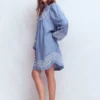 Pia Linen Yoke Tassel Dress Chambray Embroidery Pia Linen Yoke Tassel Dress Chambray Embroidery