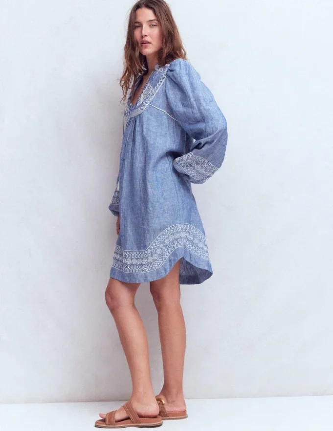 Pia Linen Yoke Tassel Dress Chambray Embroidery Pia Linen Yoke Tassel Dress Chambray Embroidery