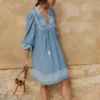 Pia Linen Yoke Tassel Dress Chambray Embroidery Pia Linen Yoke Tassel Dress Chambray Embroidery