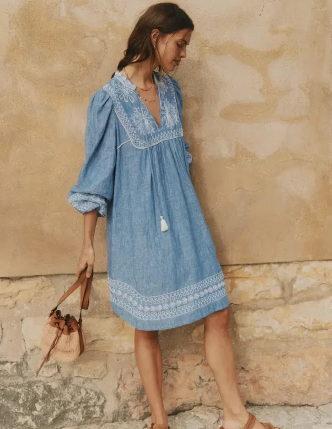 Pia Linen Yoke Tassel Dress Chambray Embroidery Pia Linen Yoke Tassel Dress Chambray Embroidery